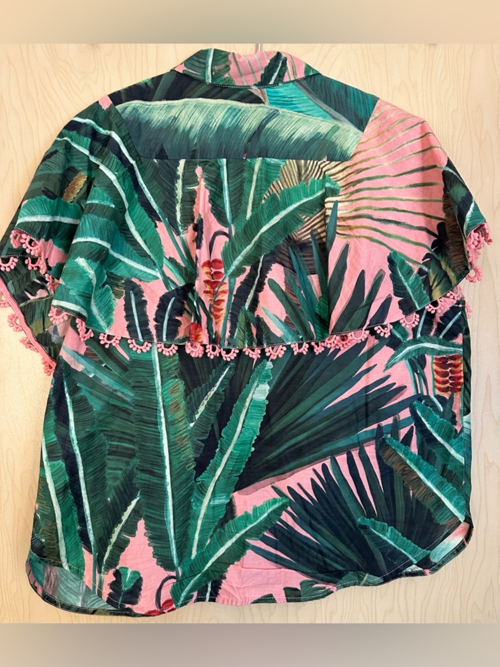 FARM Rio Pink and Green Tropical Leaf Ruffle Blouse - Picture 9 of 10